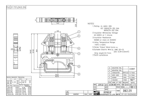 Technical drawing of Green DK2.5N-GN DIN Rail Terminal Block Screw Type UL 600V 20A 12-22AWG, showing dimensions and specifications.