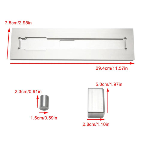 Aluminum Welding Jig Kit For PM-63 Rak Alignment with dimensions, includes adjustable durable components for metal fabrication.
