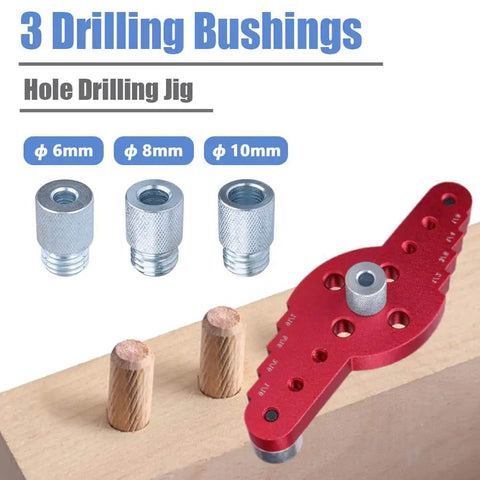 Premium Aluminum Pocket Hole Jig For Woodworking with 6mm, 8mm, 10mm drilling bushings on wooden block