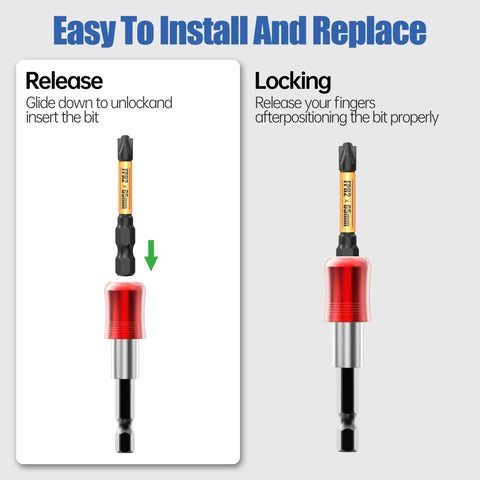 HUHAO 6in drill bit extension with magnetic holder; orange bit, aluminum sleeve, 1/4in hex shank, front & installed.