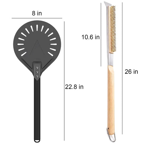 Pizza Oven Accessories Kit With 8 Inch Turning Peel Brush And Stone Scraper Tools And Supplies Set For Outdoor Ovens Great For Backyard Pizza Nights Compatible With Ooni Gozney Ninja Solo Ovens Easy Turn And Clean. "Image showing an 8-inch turning peel and 26-inch brush with wooden handle."