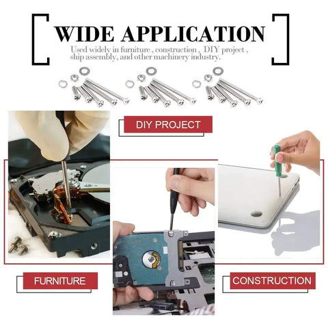 M2 Phillips Pan Head Screws Kit With Nuts, Lock Washers, And 304 Stainless Steel used in furniture, electronics, and construction projects.