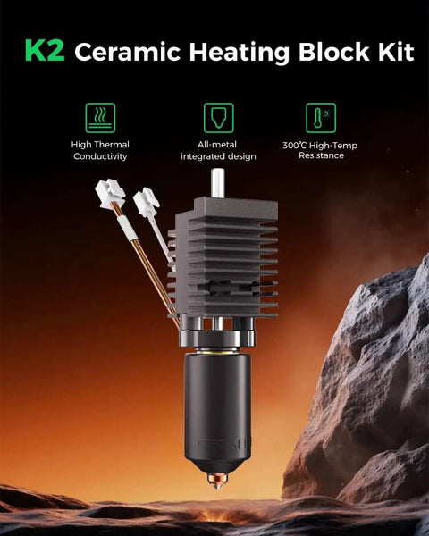 K2 Ceramic Hotend Kit With Quick Swap Nozzle for 3D Printers, showing ceramic heating block in rocky landscape background