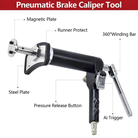 Pneumatic brake caliper tool with black body and steel fittings; piston compression kit for cars and trucks, Amazon brand