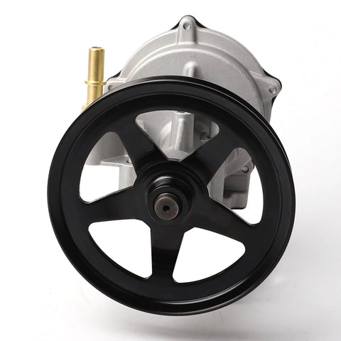 B.ZSSY vacuum pump with black 5-spoke pulley, silver housing, brass inlet port visible.