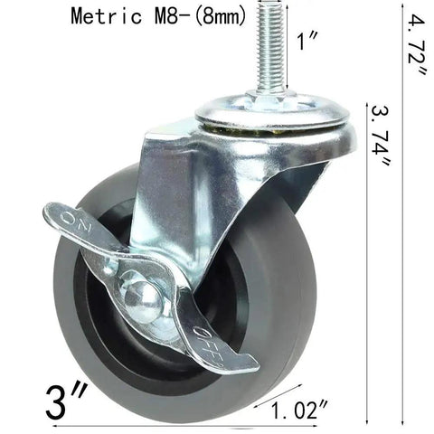 YEEMIGO 3-inch caster wheel with locking brake; grey soft-rubber wheel, M8-1.25 threaded stem, set of 4