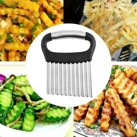 All Purpose Waffle Fry Cutter And Crinkle Cutter For Potatoes Cucumbers Carrots Ergonomic Handheld Kitchen Tool With Handle Stainless Steel Rust Resistant Blade Wavy Chopper For Fries Fruits Vegetables And Salads Silver And Black