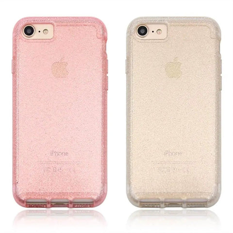 Two glittery iPhone cases in pink and gold, showing rear view design and transparent finish, compatible with older iPhone models.