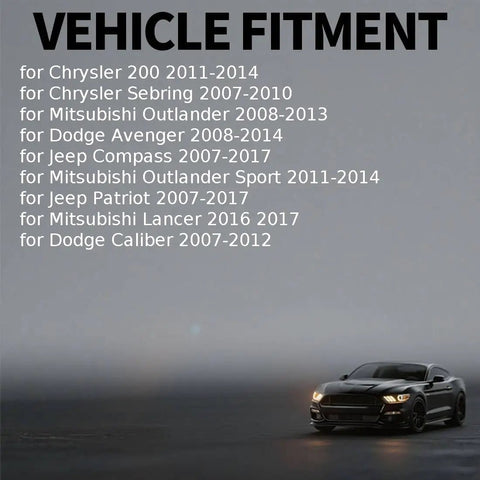 Vehicle fitment information for Chrysler, Mitsubishi, Dodge, and Jeep models with a car in foggy background.