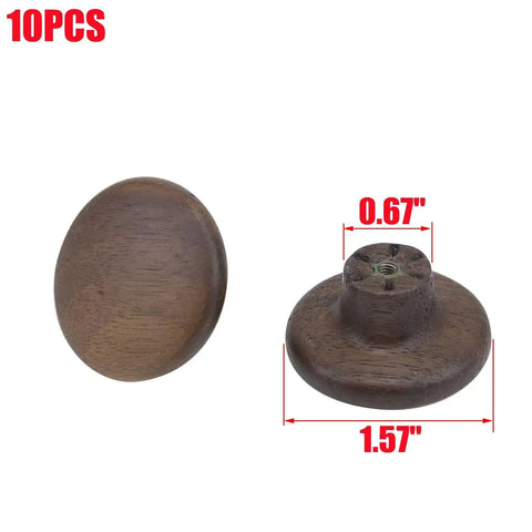 10 Pack Round Walnut Wood Cabinet Knobs With Screws 1.57 Inch Diameter showing front and back with measurement details.