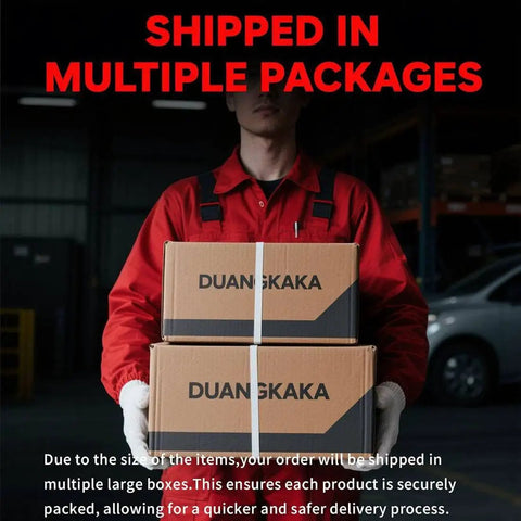 Person holding two stacked cardboard boxes labeled 'DUANGKAKA' in warehouse with text 'SHIPPED IN MULTIPLE PACKAGES' above.