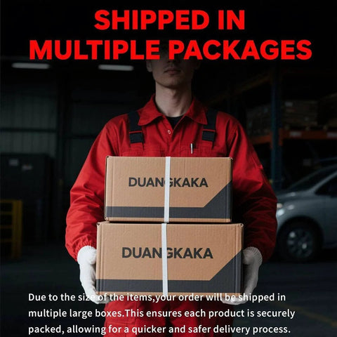 Person holding two DUANSKAKA boxes in a warehouse with the text 'Shipped in Multiple Packages' above the image.