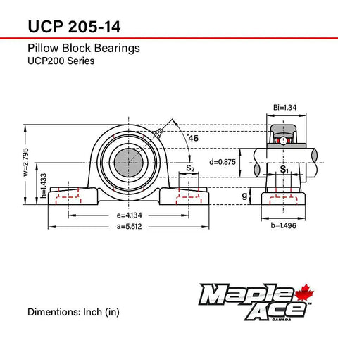 Technical diagram of Beefy Heavy Duty Pillow Block Bearing With Self Aligning Seven Eighths Inch Bore Two Bolt Mount R3 Triple Lip Seal Solid Base Maple Ace UCP205-14