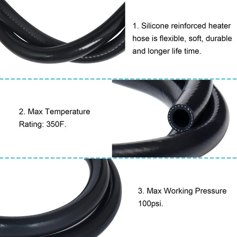 Black silicone reinforced heater hose, 6mm ID x 1.5m; for air and water, 350F max, 100 psi.