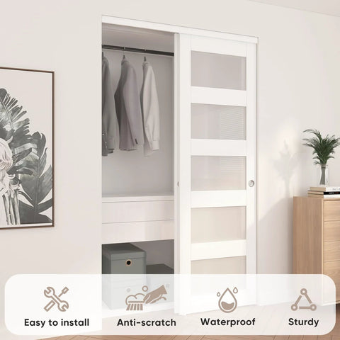White Sliding Closet Door 48 By 80 Inches with Frosted Glass Double 25 Inch Panels 5 Lite Bypass Door installed with open panel