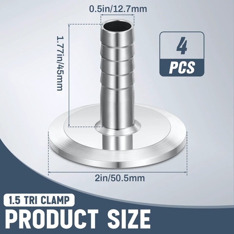 Stainless steel tri-clamp hose barb adapter, 1.5in clamp to 0.5in hose barb, 4 pcs