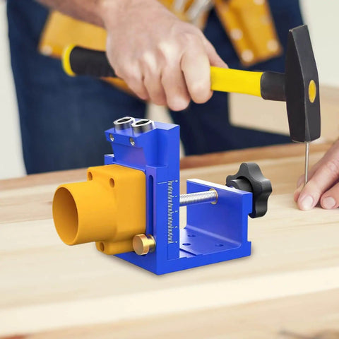 Pocket Hole Drill Guide Kit For Woodworking With Dust Collection Easy To Use Pocket Hole Jig shown with depth adjustment on wood