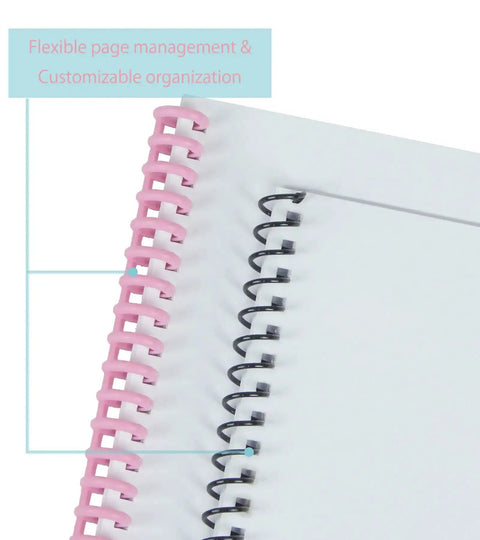 Close-up of two notebooks with pink and black spiral bindings made with Coil Binding Machine For 3 To 1 Pitch With 32 Hole Punch