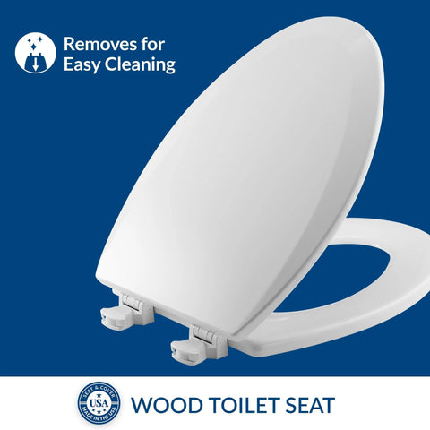 Lift Off Wood Elongated Toilet Seat With Easy Clean Hinges Cotton White, showing raised lid and easy clean hinges.