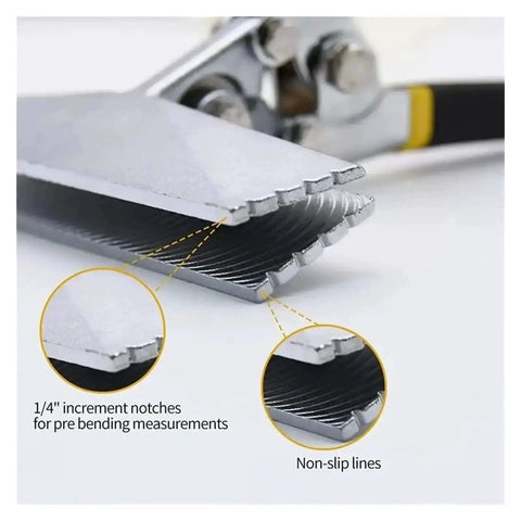 Close-up of Heavy Duty Sheet Metal Bending Pliers With Wide 80mm Jaws showing 1/4" notches and non-slip lines for precise metal bending.