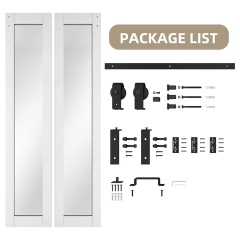Bi Fold Barn Door With Mirror Panels And Track Kit For Closet 36 By 84 Inches Shatterproof MDF Mirror Doors With Explosion Proof Backing Includes Carbon Steel Hardware And Handles Easy Sliding Barn Door System package contents