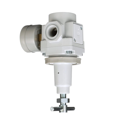 PneumaticPlus SAR300T-N03BG air regulator side view, 3/8 NPT, T-handle with gauge bracket, white/gray body