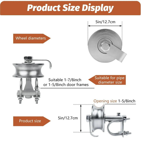Product size display of Two Piece Sliding Gate Rollers Galvanized Steel Hardware Kit for Two Inch Gate Frame and One Seven Eighths Inch or One Five Eighths Inch Track Pipe with Double U Bolts for Chain Link Gates.