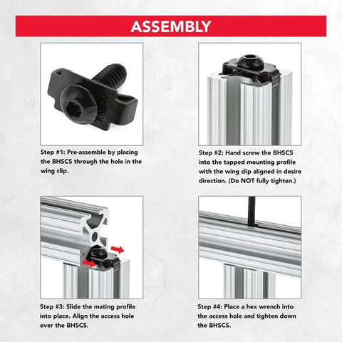 Assembly steps of 1/4-20 End Fastener And Screw Hardware Combo For Aluminum Extrusion T Slot 90 Degree Joint Connector Kit shown on aluminum profiles