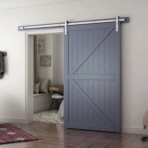 Eight Feet Brushed Nickel Sliding Barn Door Hardware Kit With I Shape Hanger For A 48 Inch Wide Door Panel installed in living room
