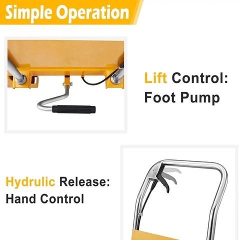 APOLLO lift table cart with manual hydraulic scissor lift; yellow platform, silver frame, 1760 lb capacity