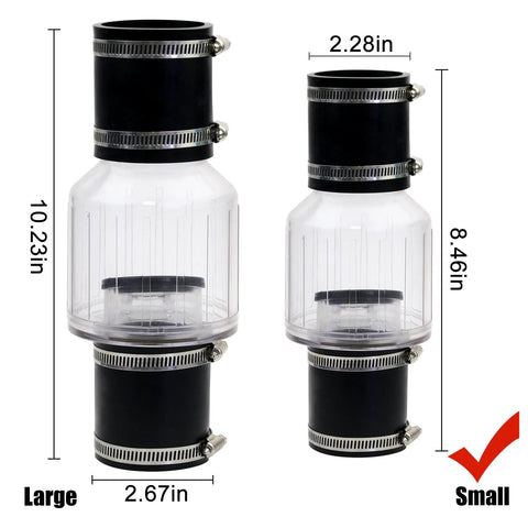 Two 1-1/2 in sump pump check valves with clear bodies, black caps, steel clamps for backflow prevention (two-pack)