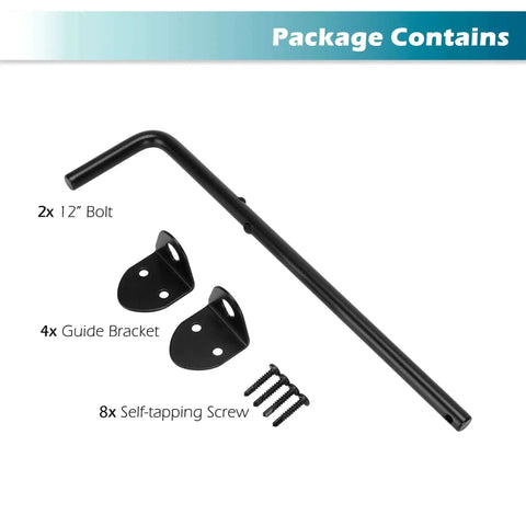 Package contents of 12 Inch Heavy Duty Tough As Nails Gate Drop Rod And Cane Bolt Set with bolts, brackets, screws.
