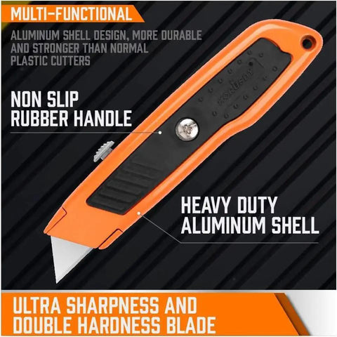 4 Pack Heavy Duty Box Cutter Knives With Aluminum Handle Retractable Blades SK5 showing rubber handle and aluminum shell