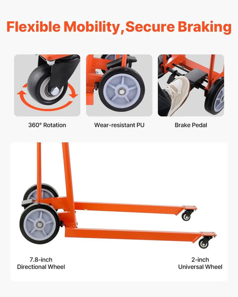 VEVOR manual pallet stacker with orange frame, long forks, 7.8in directional and 2in universal wheels (side view)