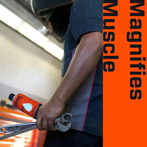 Person holding wrench and Rust Penetrant Spray To Free Stuck Bolts Fast And Metal Parts, Deep Penetrating Lubricant For Chains And Hinges