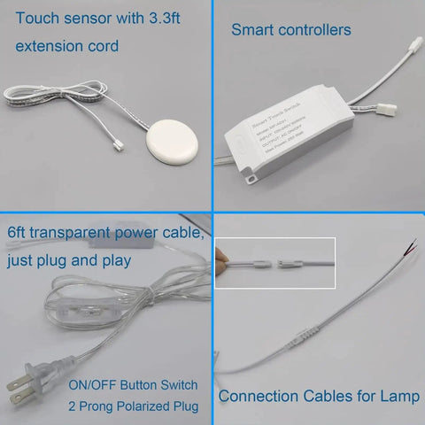 Hidden Touch Sensor Switch For Panels No Hole Required 110V 250W with plug cable, smart controller, and lamp connection cables.