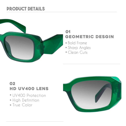 Trendy Rectangle Sunglasses For Women And Men In Green Dark Vintage Retro Style 90s Inspired Cool Funky Small Chunky Frames With UV400 Protection