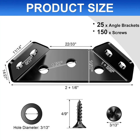 Product dimensions and components of Heavy Duty Wood Corner Brackets With 150 Screws 25 Piece Set, showing bracket and screw sizes.