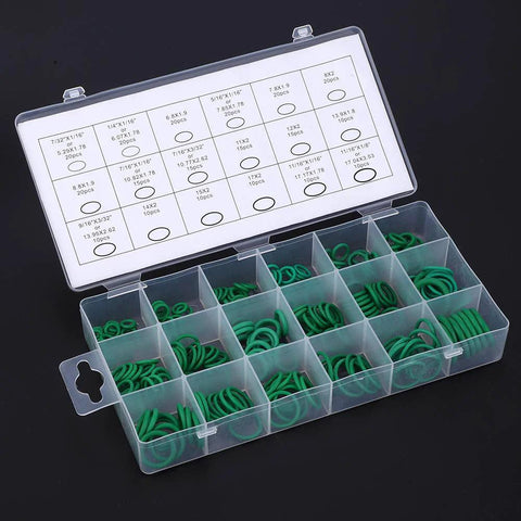 High-temperature O-ring sealing kit, nitrile rubber, 270 pcs, stored in clear plastic organizer box with green rings