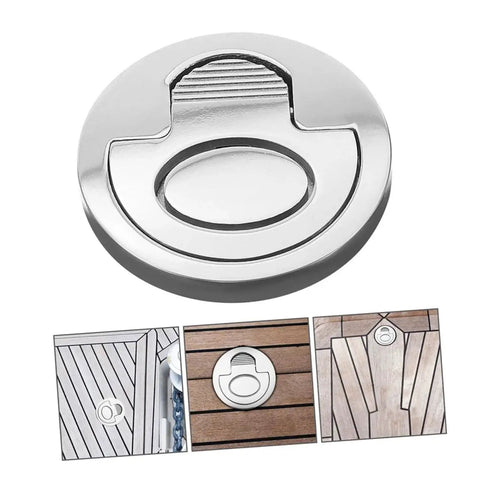 Two marine-grade stainless steel flush pull ring handles for boat hatch with hidden lift mechanism.