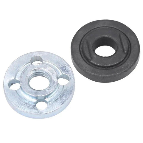 Front view of an angle grinder chuck adapter set, silver metal flange with four bolt holes and a black rubber sleeve.