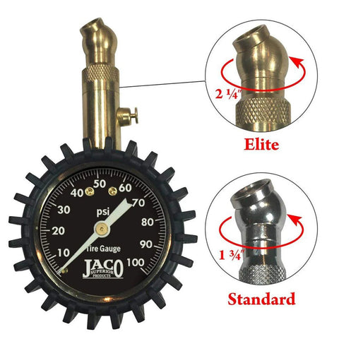 JACO Elite tire pressure gauge with brass nozzle, black dial face, 0-100 psi