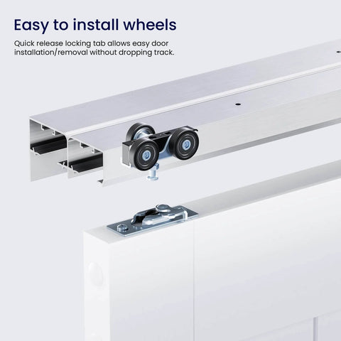 96-Inch Bypass Sliding Door Hardware Kit For Cabinets And Closets Aluminum Alloy with easy-install wheels shown