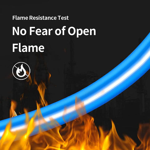 Blue PU air hose, 6mm OD × 4mm ID, 12 m length, curved over flames against a dark background.