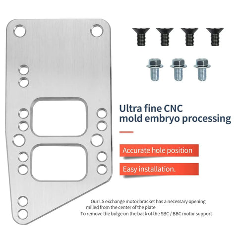 Beefy Adjustable Universal LS Swap Motor Mounts And Adapter Plates Kit featuring CNC milled billet aluminum and installation screws.