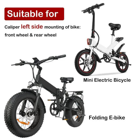 Zoom Ebike hydraulic disc brake set HB-876E 4-piston; shown on white mini e-bike and black folding fat-tire e-bike