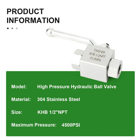 TAISHER KHB 1/2 in NPT high-pressure hydraulic ball valve, 304 stainless steel, 2-way shut-off