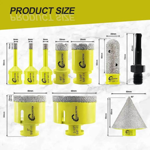 Pro Grade Diamond Core Drill Bits Set 10 PC For Porcelain Ceramic Tile Marble Granite Stoneware Quartz With 6mm 8mm 20mm 35mm 50mm 65mm Drill Bits Plus 20mm Finger Bit 50mm Beveling Chamfer Bit And SDS Adapter For Dry Drilling And Beveling.