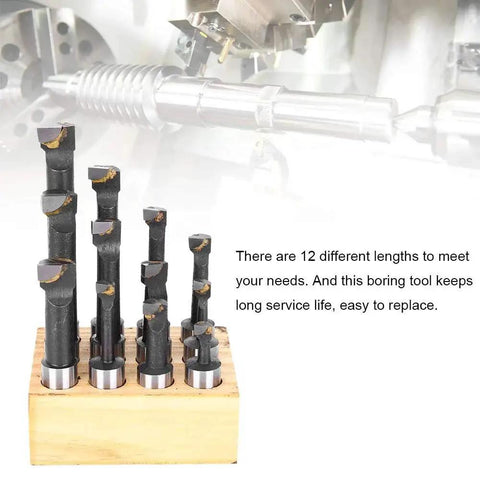 12 Piece F1 Type Boring Cutter Set Five Eighth Inch CNC Milling Tools Kit displayed on a wooden block