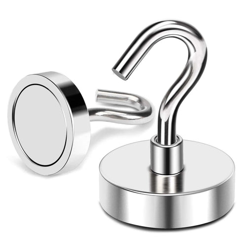 Stainless steel magnetic hooks with strong hold and sleek design for versatile use in home or office organization.